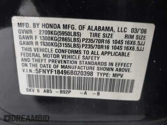 2006 Honda Pilot EX с VIN 5FNYF18496B020398, выставлен на аукционе IAAI как лот 42943015 с пробегом 183 549 миль миль и . История ставок и продаж доступна на DreamBid. Изображение 9.