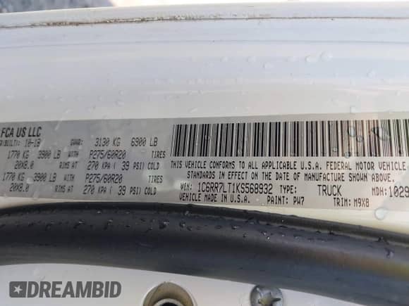 2019 Ram 1500 Big Horn with VIN 1C6RR7LT1KS568932, listed as a IAAI auction lot 42314756 with 112,620 mi miles and . Bid and sale history available at DreamBid. Image 9.