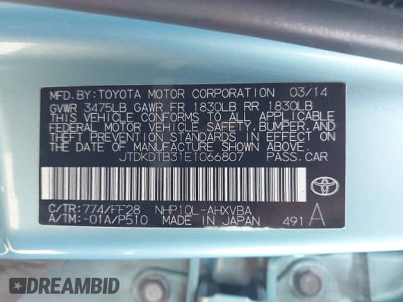 2014 Toyota Prius One с VIN JTDKDTB31E1066807, выставлен на аукционе IAAI как лот 43121032 с пробегом 219 827 миль миль и . История ставок и продаж доступна на DreamBid. Изображение 9.