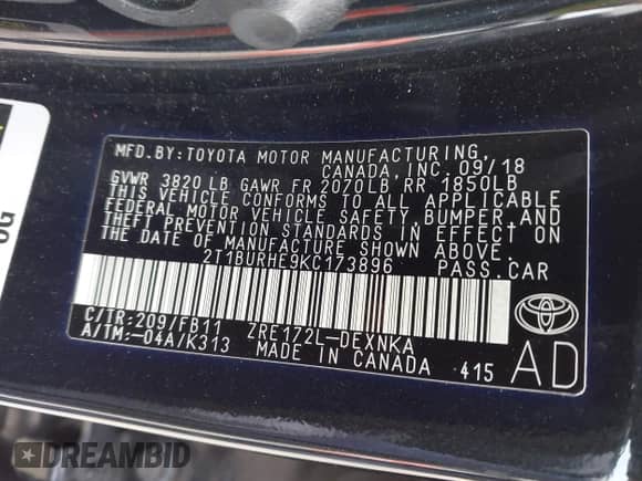 2019 Toyota Corolla LE с VIN 2T1BURHE9KC173896, выставлен на аукционе IAAI как лот 43279490 с пробегом 57 671 миль миль и . История ставок и продаж доступна на DreamBid. Изображение 9.