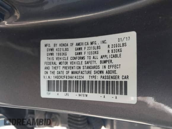 2017 Honda Accord EX-L with VIN 1HGCR2F83HA140224, listed as a IAAI auction lot 43360228 with 98,941 mi miles and . Bid and sale history available at DreamBid. Image 9.