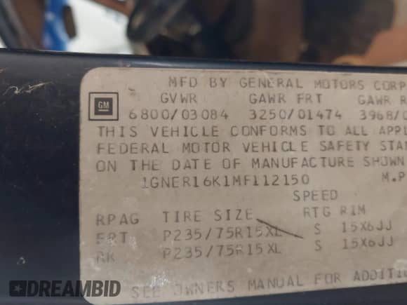 1991 Chevrolet Suburban с VIN 1GNER16K1MF112150, выставлен на аукционе IAAI как лот 42577722 с пробегом 155 456 миль миль и . История ставок и продаж доступна на DreamBid. Изображение 9.