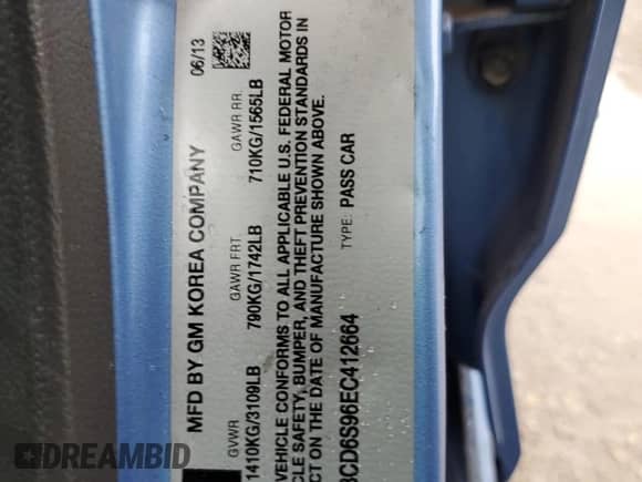 2014 Chevrolet Spark LT с VIN KL8CD6S96EC412664, выставлен на аукционе Copart как лот 70300765 с пробегом 157 569 миль миль и Списание • Salvage title. История ставок и продаж доступна на DreamBid. Изображение 13.