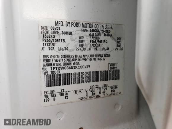 2002 Ford F-150 XLT с VIN 1FTRW08682KC80529, выставлен на аукционе Copart как лот 37546994 с пробегом 159 980 миль миль и Списание • Salvage title. История ставок и продаж доступна на DreamBid. Изображение 14.