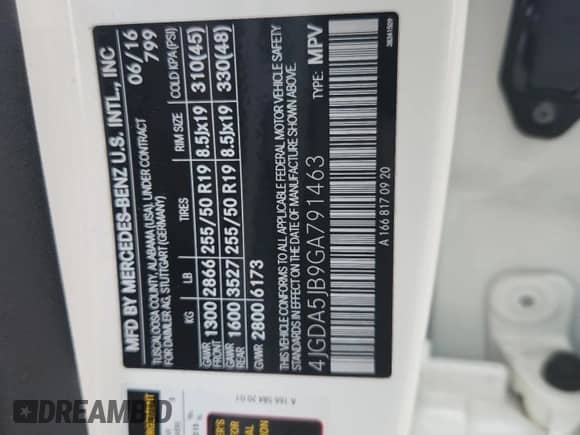 2016 Mercedes-Benz GLE 350 with VIN 4JGDA5JB9GA791463, listed as a Copart auction lot 67789975 with Not provided miles and Salvage title. Bid and sale history available at DreamBid. Image 12.