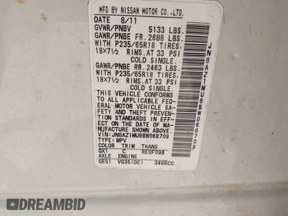 2011 Nissan Murano SL с VIN JN8AZ1MU8BW068709, выставлен на аукционе IAAI как лот 42755327 с пробегом 109 932 миль миль и . История ставок и продаж доступна на DreamBid. Изображение 9.