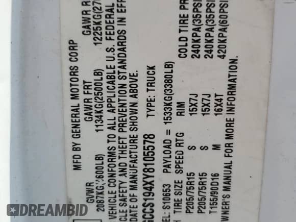 2000 Chevrolet S-10 LS с VIN 1GCCS194XY8105578, выставлен на аукционе Copart как лот 65154955 с пробегом 224 946 миль миль и Списание • Salvage title. История ставок и продаж доступна на DreamBid. Изображение 13.