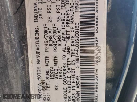 2001 Toyota Tundra SR5 z VIN 5TBBT44181S160189, wystawiony jako Copart lot #59546635 z przebiegiem 350 207 mil mil oraz Szkoda całkowita • Salvage title. Historia ofert i sprzedaży dostępna na DreamBid. Obrazek 12.