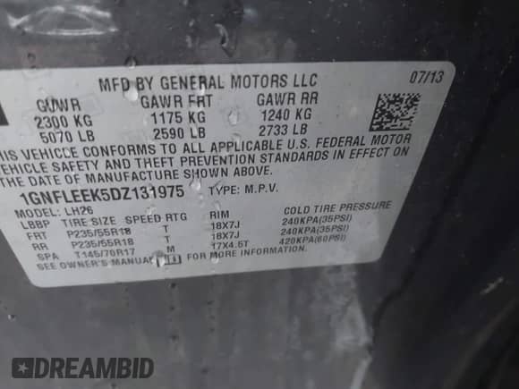 2013 Chevrolet Equinox LT with VIN 1GNFLEEK5DZ131975, listed as a IAAI auction lot 43302280 with 134,220 mi miles and . Bid and sale history available at DreamBid. Image 9.