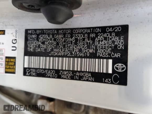 2020 Toyota Prius LE with VIN JTDKARFP2L3159619, listed as a Copart auction lot 68156685 with 107,295 mi miles and Salvage title. Bid and sale history available at DreamBid. Image 12.