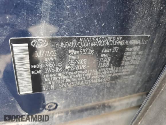 2023 Hyundai Santa Fe SEL с VIN 5NMS24AJ2PH484670, выставлен на аукционе Copart как лот 80934015 с пробегом 55 017 миль миль и Списание • Salvage title. История ставок и продаж доступна на DreamBid. Изображение 14.