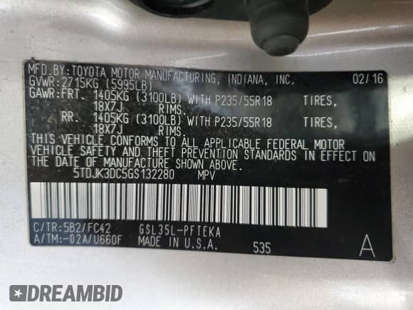 2016 Toyota Sienna LE with VIN 5TDJK3DC5GS132280, listed as a Copart auction lot 57935445 with 167,966 mi miles and Clean title. Bid and sale history available at DreamBid. Image 13.