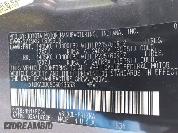 2012 Toyota Sienna with VIN 5TDKA3DC9CS013553, listed as a IAAI auction lot 42096137 with 181,993 mi miles and . Bid and sale history available at DreamBid. Image 9.