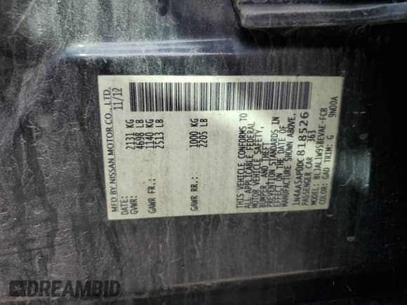 2013 Nissan Maxima SV with VIN 1N4AA5AP0DC818526, listed as a Copart auction lot 82136835 with 136,061 mi miles and Salvage title. Bid and sale history available at DreamBid. Image 12.