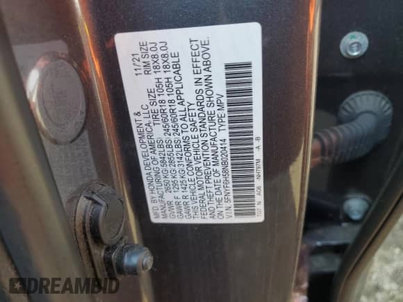 2022 Honda Pilot EX-L with VIN 5FNYF6H58NB020414, listed as a Copart auction lot 67414035 with 68,792 mi miles and Salvage title. Bid and sale history available at DreamBid. Image 13.