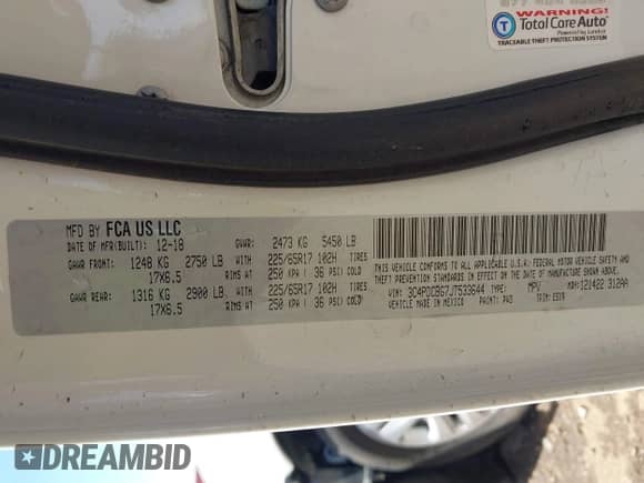 2018 Dodge Journey SXT z VIN 3C4PDCBG7JT533644, wystawiony jako IAAI lot #43122039 z przebiegiem 50 240 mil mil oraz . Historia ofert i sprzedaży dostępna na DreamBid. Obrazek 9.