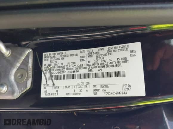 2014 Ford Escape SE with VIN 1FMCU0GX0EUB38816, listed as a IAAI auction lot 42818759 with 137,550 mi miles and . Bid and sale history available at DreamBid. Image 9.