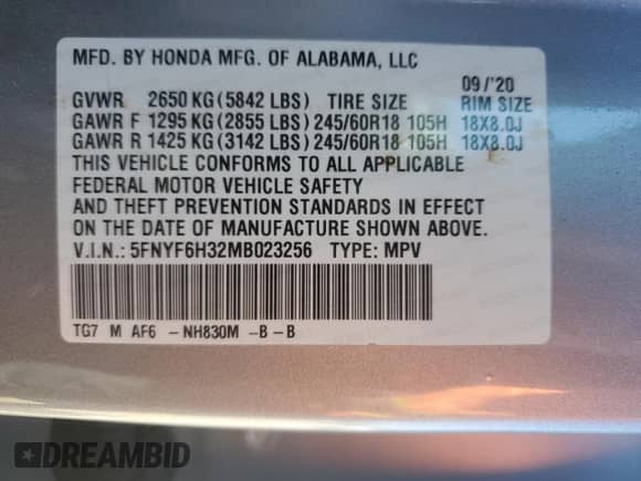 2021 Honda Pilot EX with VIN 5FNYF6H32MB023256, listed as a Copart auction lot 48064665 with 56,179 mi miles and Salvage title. Bid and sale history available at DreamBid. Image 16.