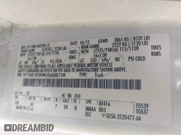 2012 Ford Econoline Cargo Commercial с VIN 1FTNE1EW9CDA86738, выставлен на аукционе IAAI как лот 42464315 с пробегом 180 322 миль миль и . История ставок и продаж доступна на DreamBid. Изображение 9.