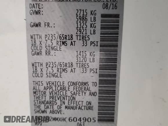 2017 Nissan Pathfinder SL with VIN 5N1DR2MMXHC604905, listed as a Copart auction lot 70542225 with 158,112 mi miles and Clean title. Bid and sale history available at DreamBid. Image 13.