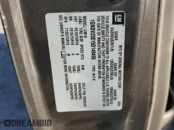 2005 Chevrolet Venture LS с VIN 1GNDV23E15D146498, выставлен на аукционе Copart как лот 48483595 с пробегом 171 872 миль миль и Списание • Salvage title. История ставок и продаж доступна на DreamBid. Изображение 15.
