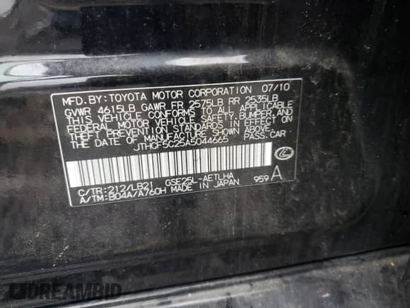 2010 Lexus IS 250 z VIN JTHCF5C25A5044665, wystawiony jako Copart lot #86127165 z przebiegiem 152 325 mil mil oraz Szkoda całkowita • Salvage title. Historia ofert i sprzedaży dostępna na DreamBid. Obrazek 12.