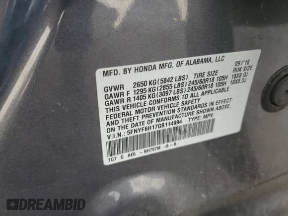 2016 Honda Pilot LX z VIN 5FNYF6H17GB114994, wystawiony jako Copart lot #69847335 z przebiegiem 112 765 mil mil oraz Szkoda całkowita • Salvage title. Historia ofert i sprzedaży dostępna na DreamBid. Obrazek 13.