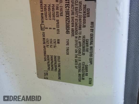 2008 GMC Sierra 1500 Work Truck with VIN 1GTEC19XX8Z308349, listed as a Copart auction lot 81978114 with 179,320 mi miles and Salvage title. Bid and sale history available at DreamBid. Image 15.