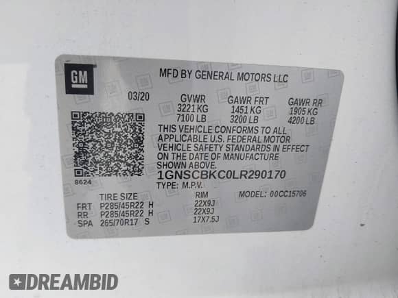 2020 Chevrolet Tahoe LT with VIN 1GNSCBKC0LR290170, listed as a IAAI auction lot 42129712 with 57,414 mi miles and . Bid and sale history available at DreamBid. Image 9.