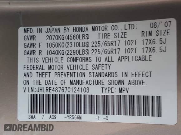 2007 Honda CR-V EX-L с VIN JHLRE48767C124108, выставлен на аукционе IAAI как лот 43470051 с пробегом 255 835 миль миль и . История ставок и продаж доступна на DreamBid. Изображение 9.