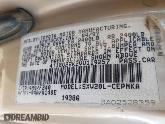 1997 Toyota Camry LE с VIN 4T1BG22K2VU119257, выставлен на аукционе IAAI как лот 43369344 с пробегом Не указан миль и . История ставок и продаж доступна на DreamBid. Изображение 9.