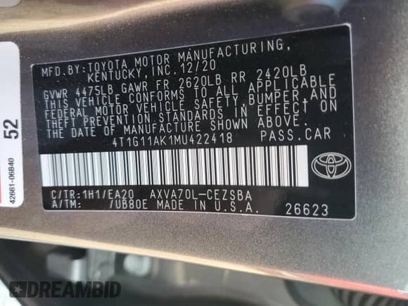 2021 Toyota Camry SE z VIN 4T1G11AK1MU422418, wystawiony jako Copart lot #82512755 z przebiegiem 21 807 mil mil oraz Szkoda całkowita • Salvage title. Historia ofert i sprzedaży dostępna na DreamBid. Obrazek 13.