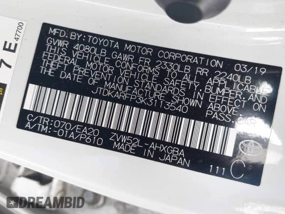 2019 Toyota Prius Plus с VIN JTDKARFP3K3113540, выставлен на аукционе IAAI как лот 42043473 с пробегом 68 337 миль миль и . История ставок и продаж доступна на DreamBid. Изображение 9.