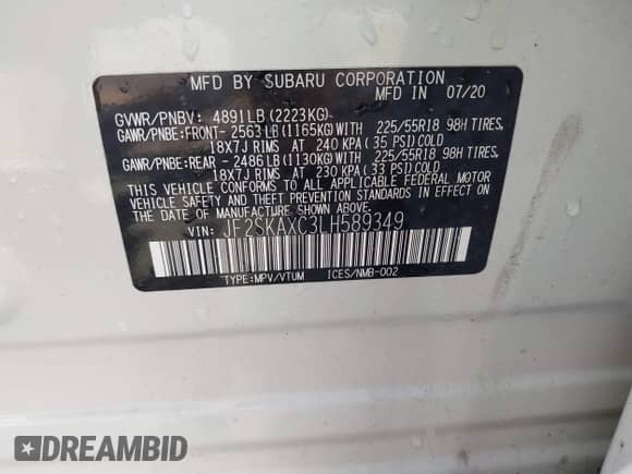 2020 Subaru Forester Touring with VIN JF2SKAXC3LH589349, listed as a IAAI auction lot 43154603 with 112,484 mi miles and . Bid and sale history available at DreamBid. Image 9.