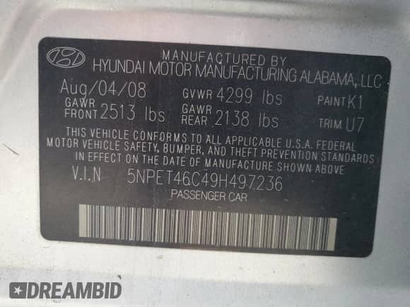 2009 Hyundai Sonata GLS с VIN 5NPET46C49H497236, выставлен на аукционе Copart как лот 81557685 с пробегом 211 181 миль миль и Списание • Salvage title. История ставок и продаж доступна на DreamBid. Изображение 13.