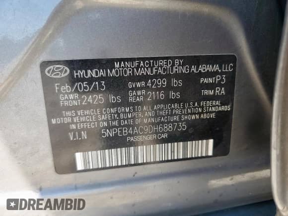 2013 Hyundai Sonata GLS с VIN 5NPEB4AC9DH688735, выставлен на аукционе Copart как лот 86695605 с пробегом 208 263 миль миль и Списание • Salvage title. История ставок и продаж доступна на DreamBid. Изображение 12.