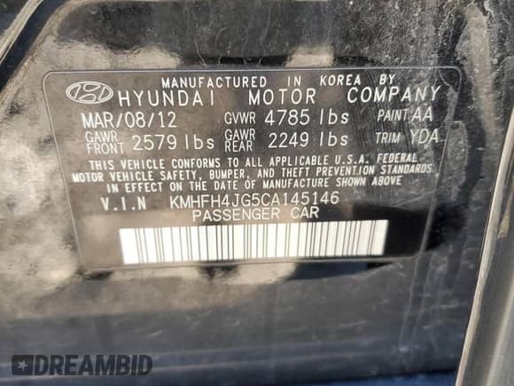 2012 Hyundai Azera с VIN KMHFH4JG5CA145146, выставлен на аукционе Copart как лот 89160065 с пробегом 228 160 миль миль и Чистый • Clean title. История ставок и продаж доступна на DreamBid. Изображение 12.