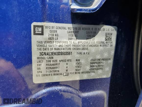 2013 Chevrolet Captiva Sport LT с VIN 3GNAL3EK0DS603561, выставлен на аукционе Copart как лот 61344324 с пробегом 153 016 миль миль и Списание • Salvage title. История ставок и продаж доступна на DreamBid. Изображение 15.