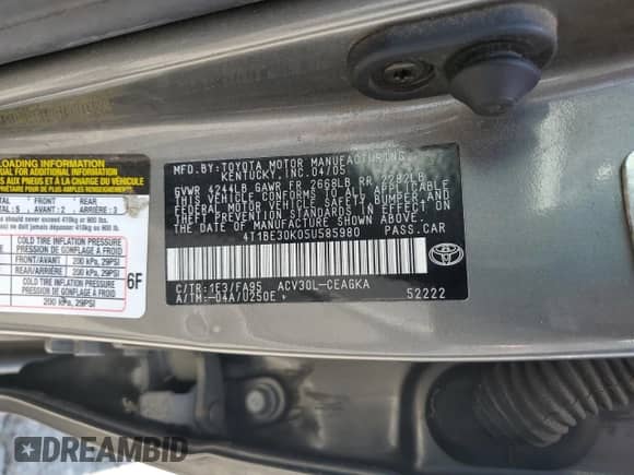 2005 Toyota Camry LE с VIN 4T1BE30K05U585980, выставлен на аукционе Copart как лот 62596365 с пробегом 213 434 миль миль и Списание • Salvage title. История ставок и продаж доступна на DreamBid. Изображение 12.