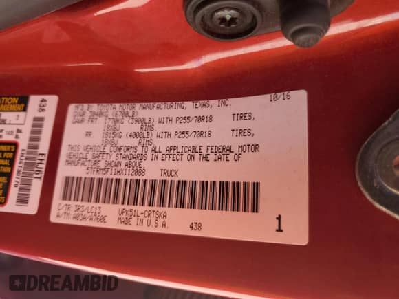 2017 Toyota Tundra SR z VIN 5TFRM5F11HX112088, wystawiony jako Copart lot #87016465 z przebiegiem 99 094 mil mil oraz Szkoda całkowita • Salvage title. Historia ofert i sprzedaży dostępna na DreamBid. Obrazek 13.