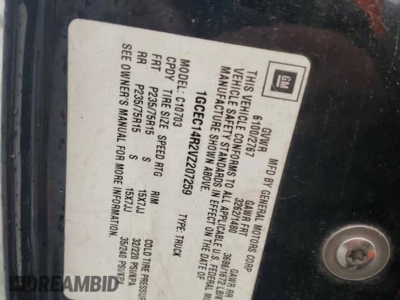 1997 Chevrolet Silverado 1500 with VIN 1GCEC14R2VZ207259, listed as a Copart auction lot 67120915 with 193,827 mi miles and Salvage title. Bid and sale history available at DreamBid. Image 12.