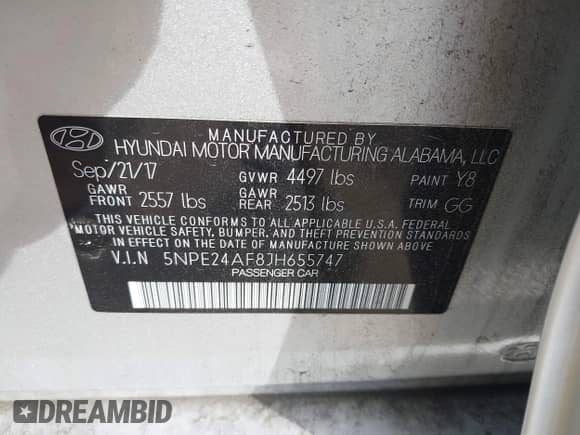 2018 Hyundai Sonata SE with VIN 5NPE24AF8JH655747, listed as a IAAI auction lot 43287426 with 31,729 mi miles and . Bid and sale history available at DreamBid. Image 9.