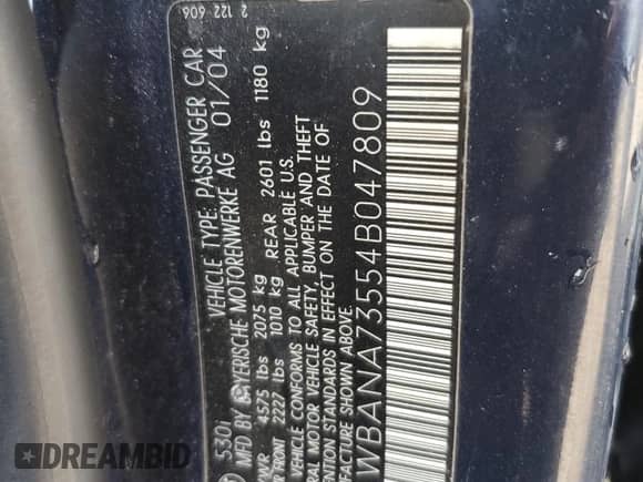2004 BMW 5 Series 530i with VIN WBANA73554B047809, listed as a Copart auction lot 80371415 with Not provided miles and Salvage title. Bid and sale history available at DreamBid. Image 13.