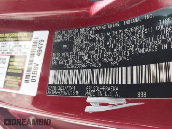 2008 Toyota Sienna CE with VIN 5TDZK23C58S174836, listed as a IAAI auction lot 43249568 with 143,959 mi miles and . Bid and sale history available at DreamBid. Image 9.