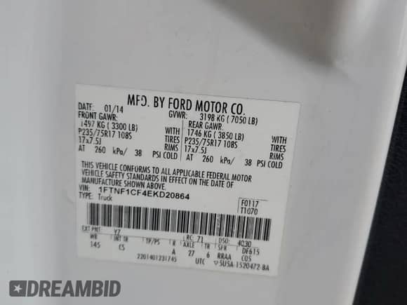 2014 Ford F-150 XL with VIN 1FTNF1CF4EKD20864, listed as a Copart auction lot 86454195 with 315,594 mi miles and Salvage title. Bid and sale history available at DreamBid. Image 12.