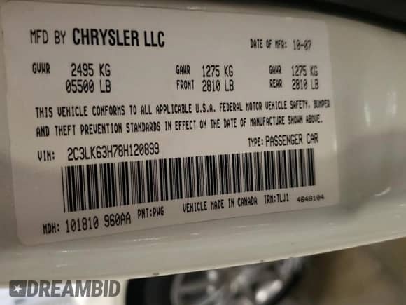 2008 Chrysler 300 C with VIN 2C3LK63H78H120899, listed as a Copart auction lot 44246265 with 147,844 mi miles and Salvage title. Bid and sale history available at DreamBid. Image 12.