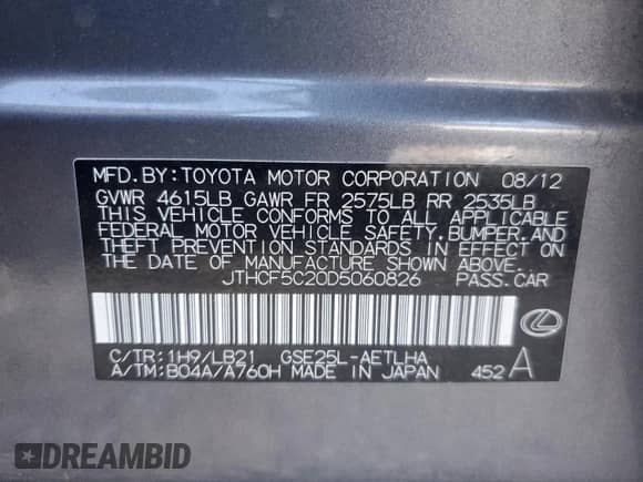 2013 Lexus IS 250 z VIN JTHCF5C20D5060826, wystawiony jako Copart lot #70444595 z przebiegiem 221 025 mil mil oraz Szkoda całkowita • Salvage title. Historia ofert i sprzedaży dostępna na DreamBid. Obrazek 12.