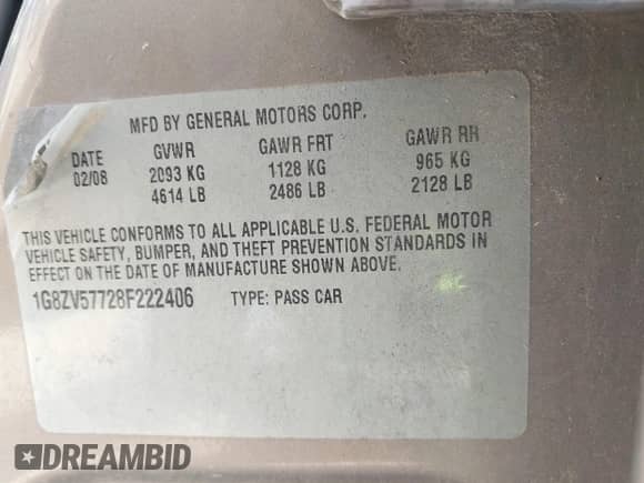 2008 Saturn Aura XR с VIN 1G8ZV57728F222406, выставлен на аукционе IAAI как лот 43198662 с пробегом 144 077 миль миль и . История ставок и продаж доступна на DreamBid. Изображение 9.