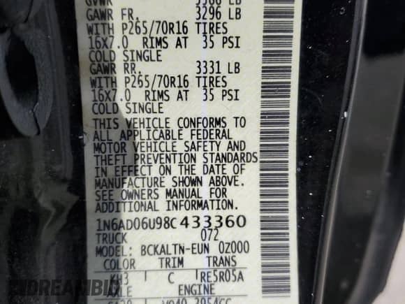 2008 Nissan Frontier SE z VIN 1N6AD06U98C433360, wystawiony jako Copart lot #51749535 z przebiegiem 174 798 mil mil oraz Nie do naprawy • Non repairable. Historia ofert i sprzedaży dostępna na DreamBid. Obrazek 12.