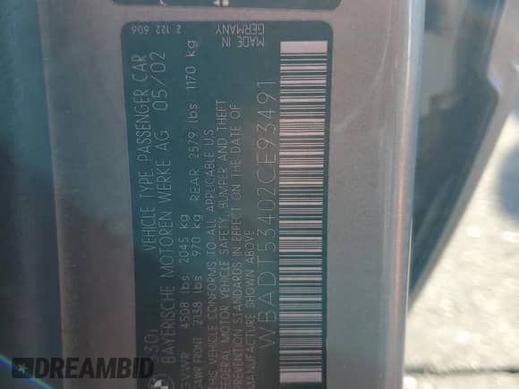 2002 BMW 5 Series 530i with VIN WBADT53402CE93491, listed as a Copart auction lot 42338765 with Not provided miles and Salvage title. Bid and sale history available at DreamBid. Image 12.